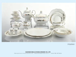24k Gold Flower 66 Pcs  Ceramic Dinner Set New Bone China Tableware Factory